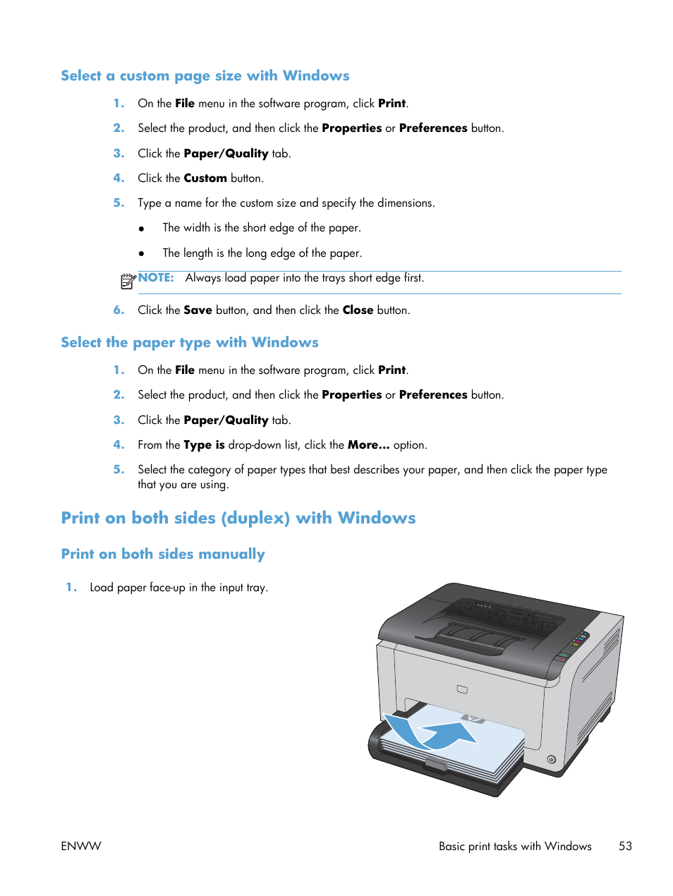 Select the paper type with windows, Print on both sides (duplex) with windows, Print on both sides manually | HP LaserJet Pro CP1025nw Color Printer User Manual | Page 65 / 186