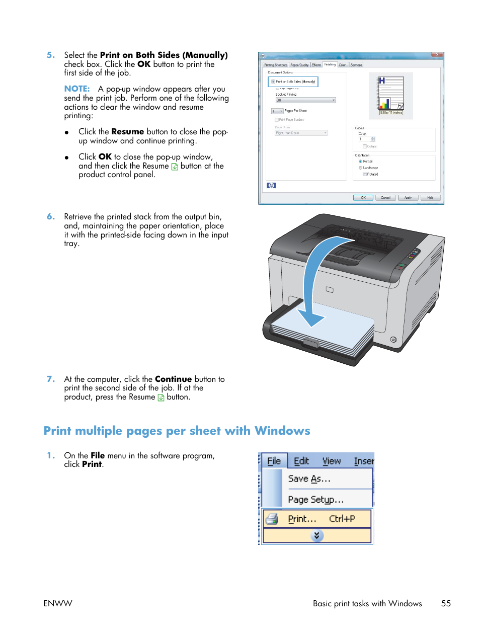 Print multiple pages per sheet with windows | HP LaserJet Pro CP1025nw Color Printer User Manual | Page 67 / 186