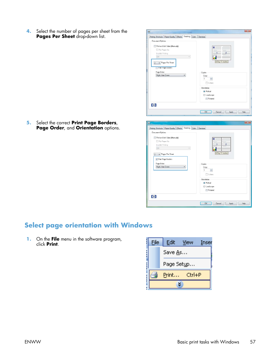 Select page orientation with windows | HP LaserJet Pro CP1025nw Color Printer User Manual | Page 69 / 186