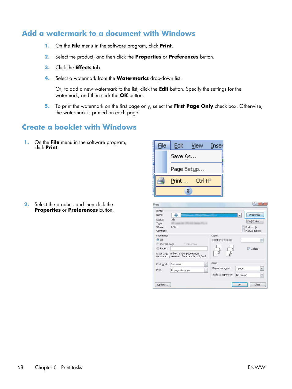 Add a watermark to a document with windows, Create a booklet with windows | HP LaserJet Pro CP1025nw Color Printer User Manual | Page 80 / 186