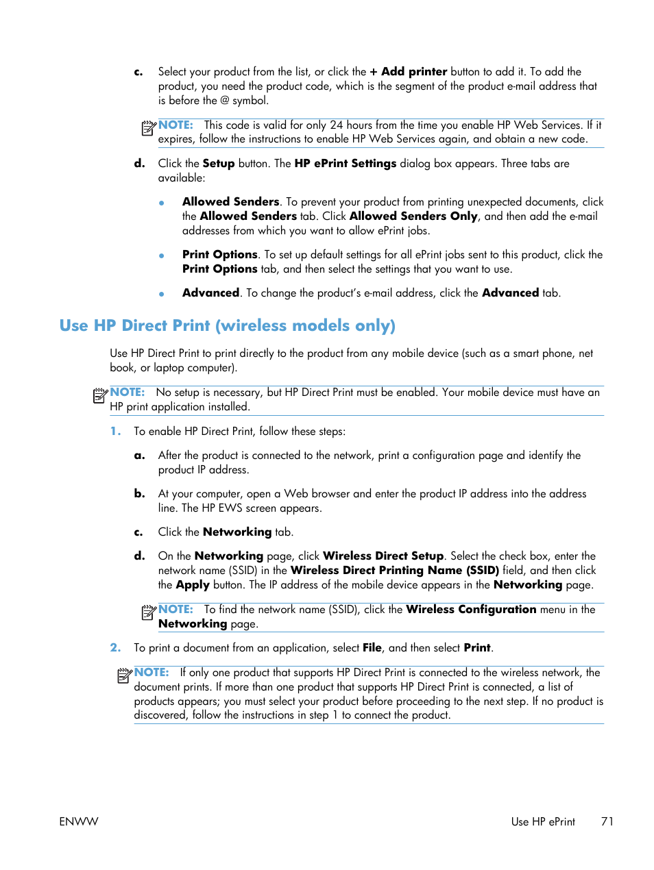Use hp direct print (wireless models only) | HP LaserJet Pro CP1025nw Color Printer User Manual | Page 83 / 186
