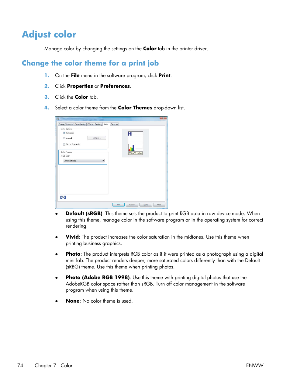 Adjust color, Change the color theme for a print job | HP LaserJet Pro CP1025nw Color Printer User Manual | Page 86 / 186