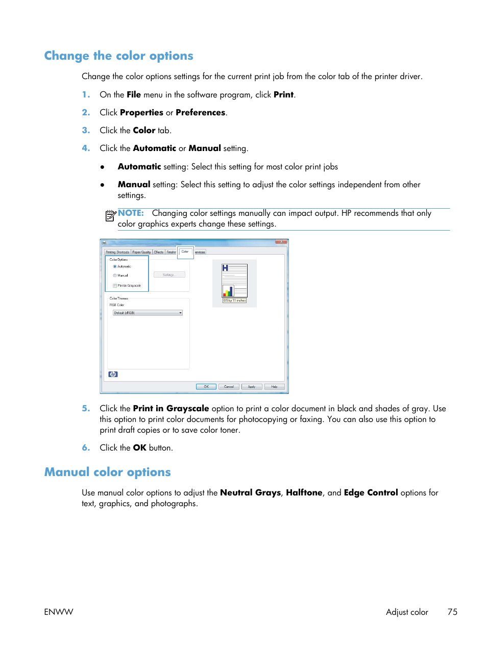 Change the color options, Manual color options, Change the color options manual color options | HP LaserJet Pro CP1025nw Color Printer User Manual | Page 87 / 186