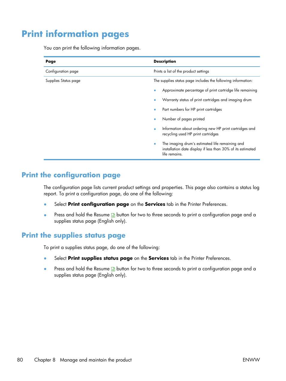 Print information pages, Print the configuration page, Print the supplies status page | HP LaserJet Pro CP1025nw Color Printer User Manual | Page 92 / 186