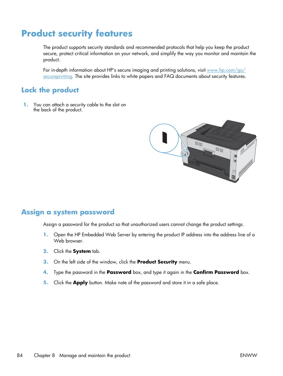 Product security features, Lock the product, Assign a system password | Lock the product assign a system password | HP LaserJet Pro CP1025nw Color Printer User Manual | Page 96 / 186