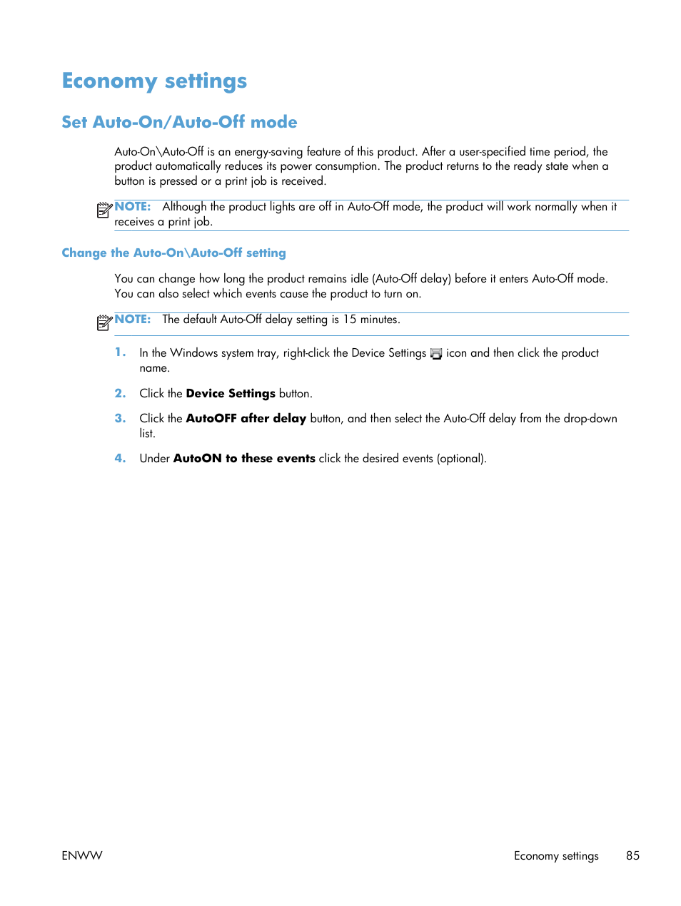 Economy settings, Set auto-on/auto-off mode | HP LaserJet Pro CP1025nw Color Printer User Manual | Page 97 / 186