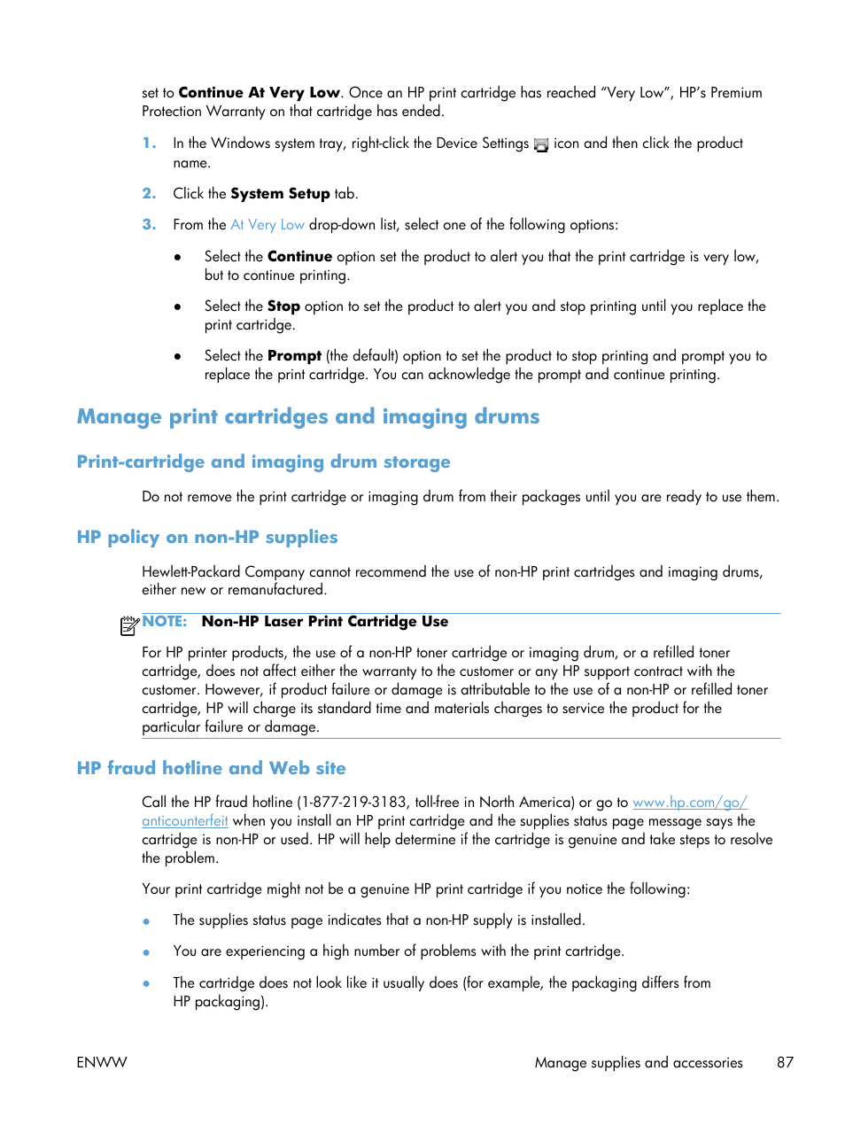 Manage print cartridges and imaging drums, Print-cartridge and imaging drum storage, Hp policy on non-hp supplies | Hp fraud hotline and web site | HP LaserJet Pro CP1025nw Color Printer User Manual | Page 99 / 186