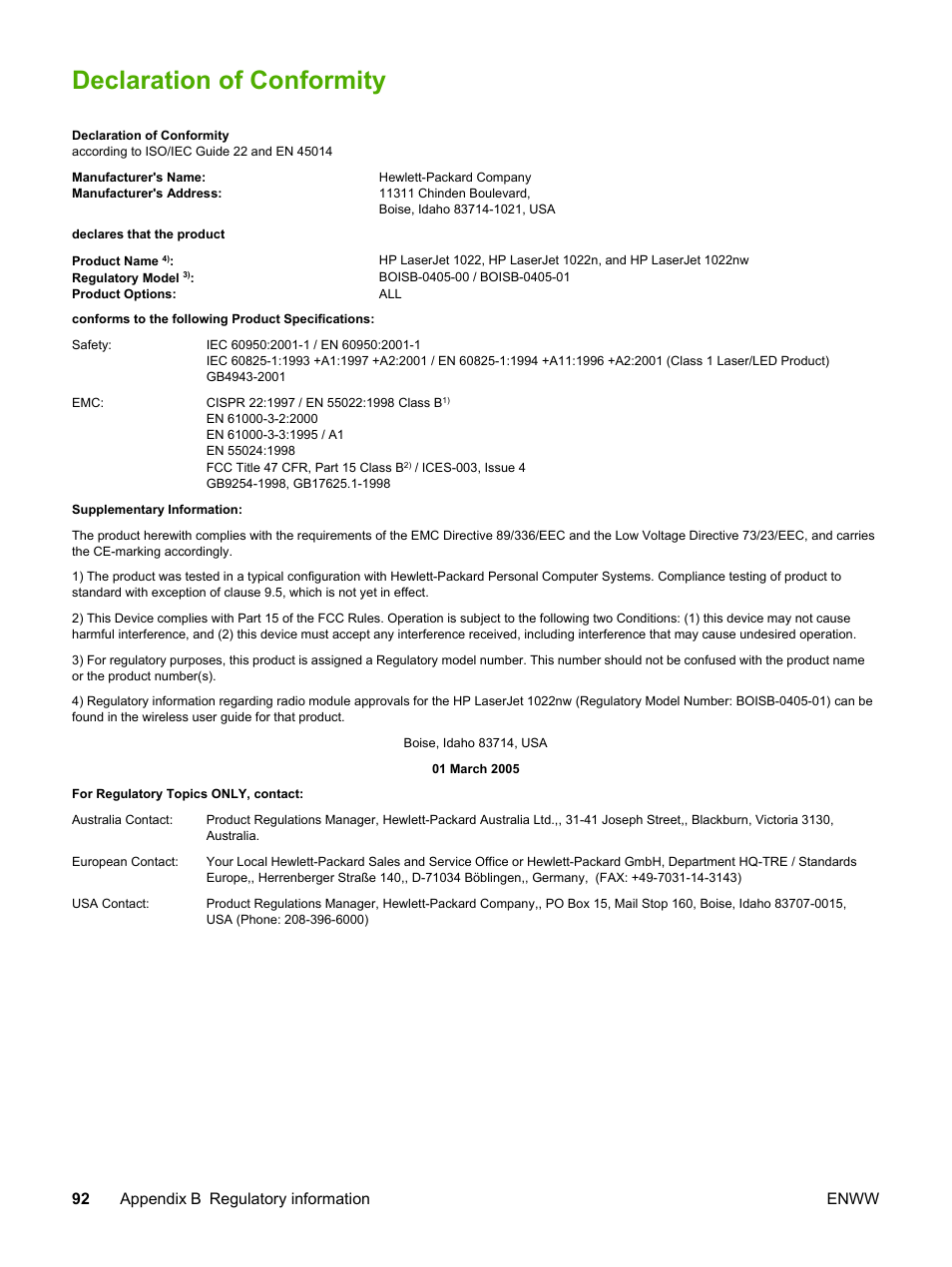Declaration of conformity, 92 appendix b regulatory information enww | HP LaserJet 1022n Printer User Manual | Page 100 / 126