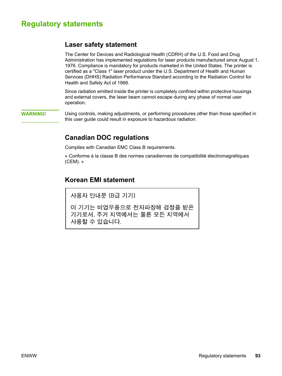 Regulatory statements, Laser safety statement, Canadian doc regulations | Korean emi statement | HP LaserJet 1022n Printer User Manual | Page 101 / 126