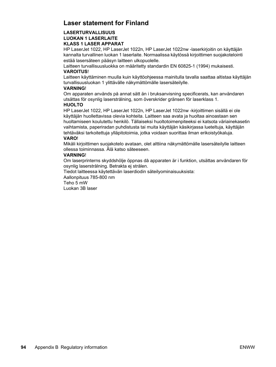 Laser statement for finland | HP LaserJet 1022n Printer User Manual | Page 102 / 126