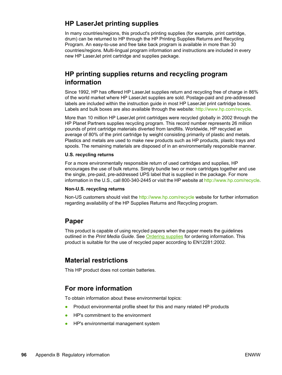 Hp laserjet printing supplies, Paper, Material restrictions | For more information | HP LaserJet 1022n Printer User Manual | Page 104 / 126