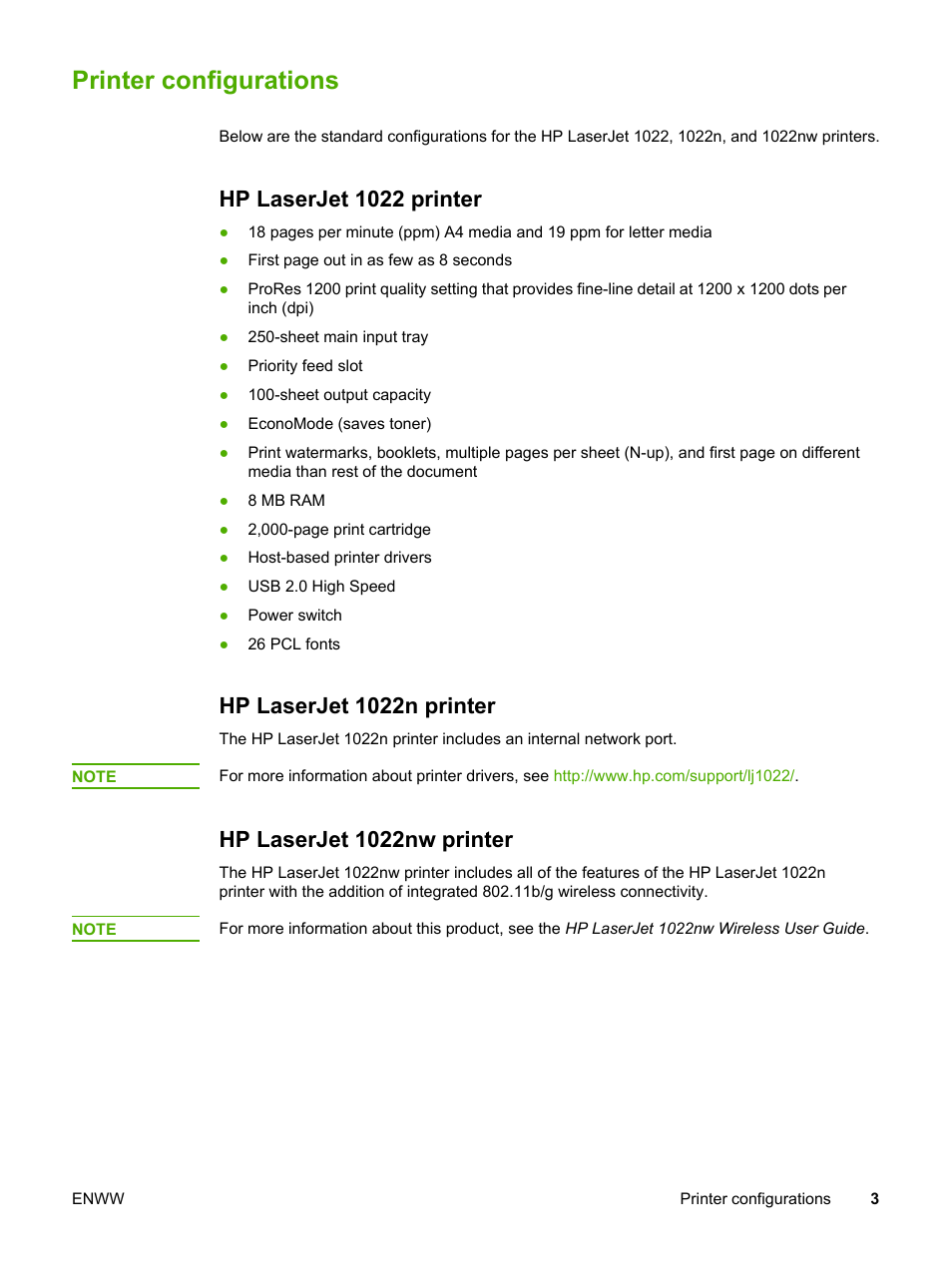 Printer configurations, Hp laserjet 1022 printer, Hp laserjet 1022n printer | Hp laserjet 1022nw printer | HP LaserJet 1022n Printer User Manual | Page 11 / 126