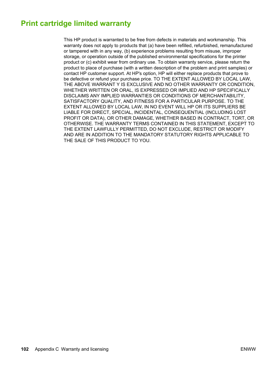 Print cartridge limited warranty | HP LaserJet 1022n Printer User Manual | Page 110 / 126