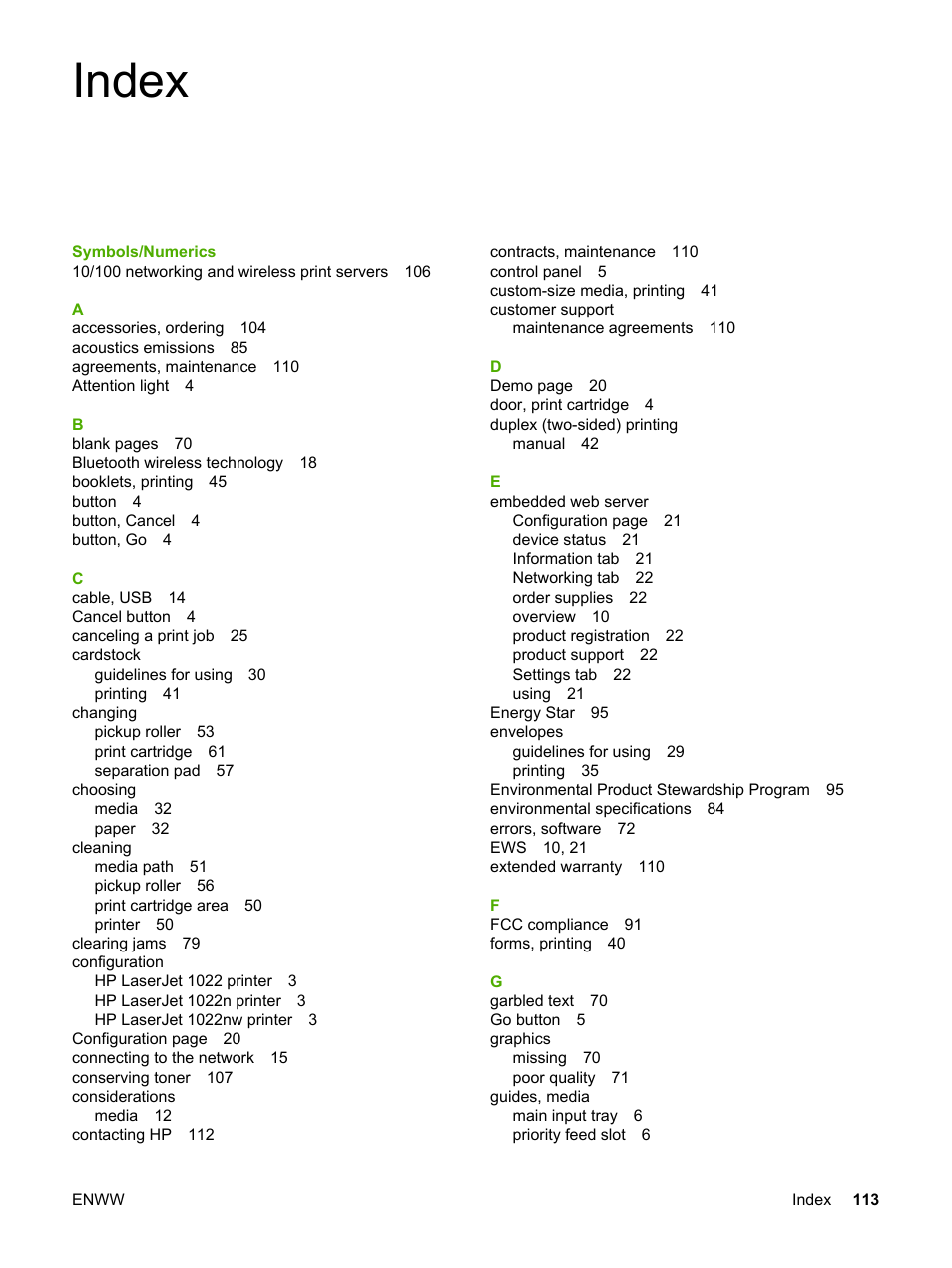 Index | HP LaserJet 1022n Printer User Manual | Page 121 / 126