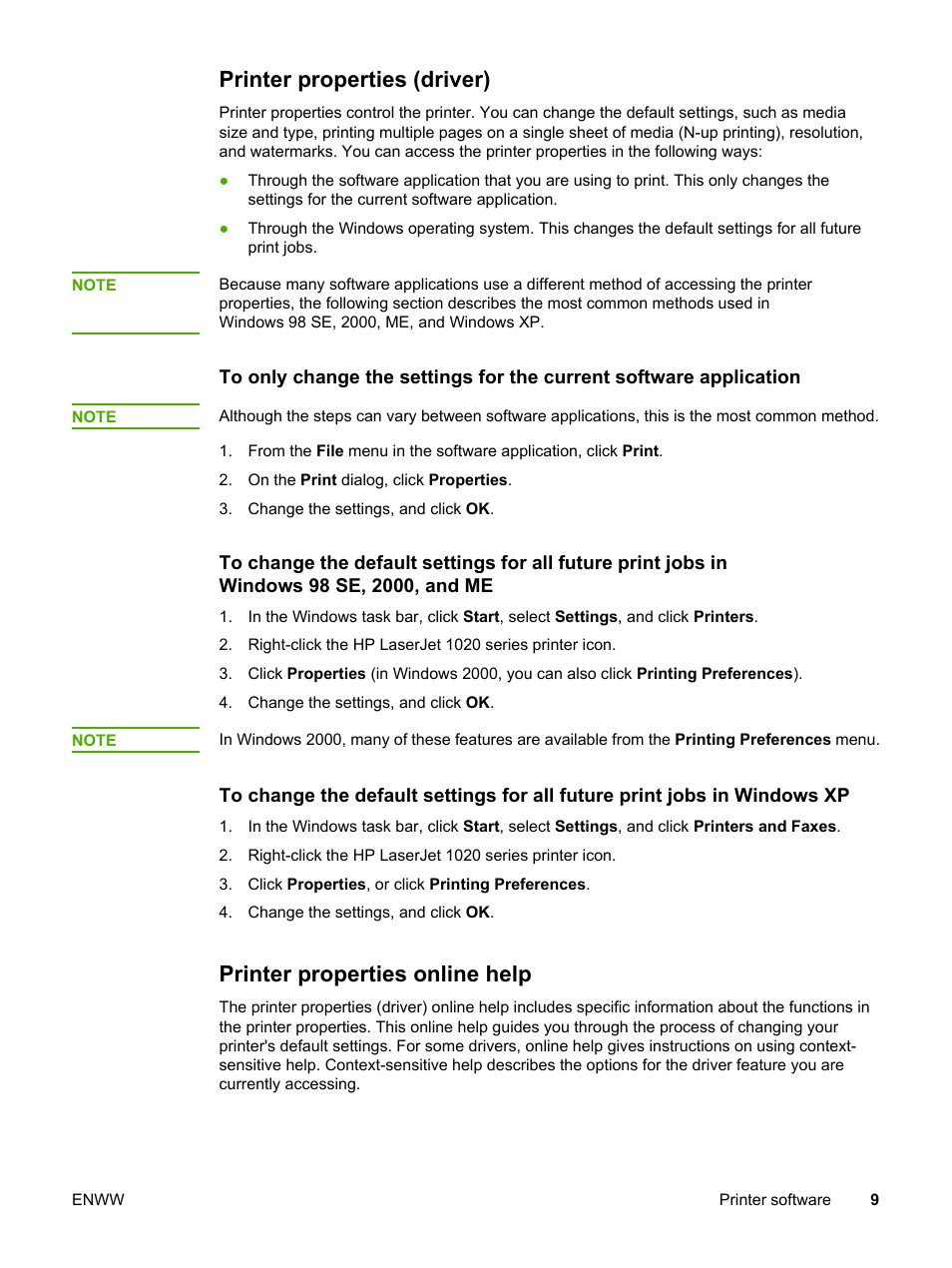 Printer properties (driver), Printer properties online help | HP LaserJet 1022n Printer User Manual | Page 17 / 126