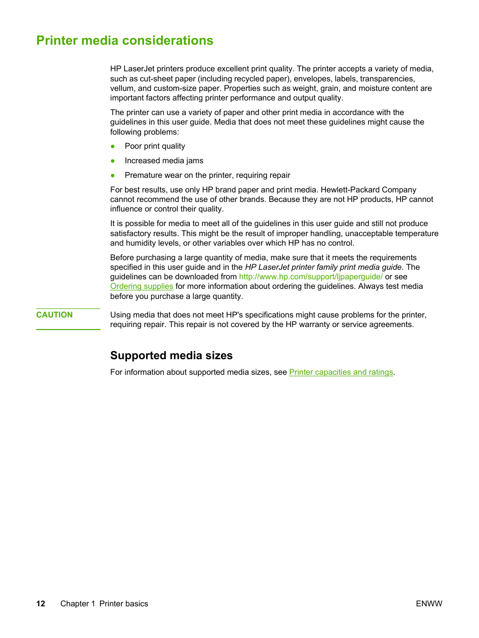 Printer media considerations, Supported media sizes | HP LaserJet 1022n Printer User Manual | Page 20 / 126