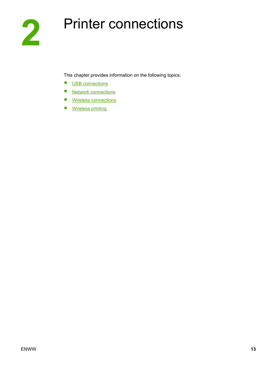 Printer connections, 2 printer connections | HP LaserJet 1022n Printer User Manual | Page 21 / 126