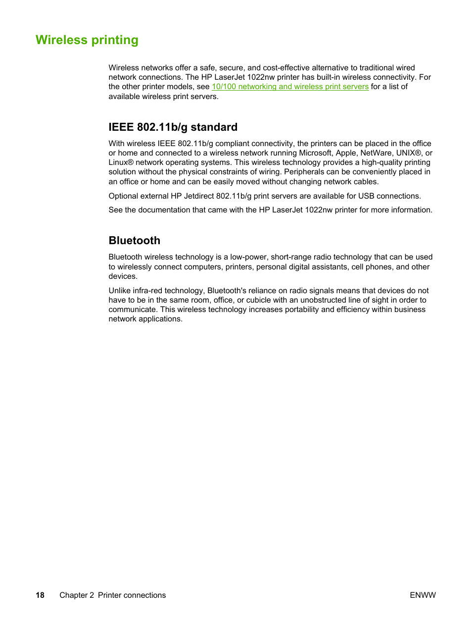 Wireless printing, Ieee 802.11b‍/‍g standard, Bluetooth | Ieee 802.11b/g standard bluetooth | HP LaserJet 1022n Printer User Manual | Page 26 / 126