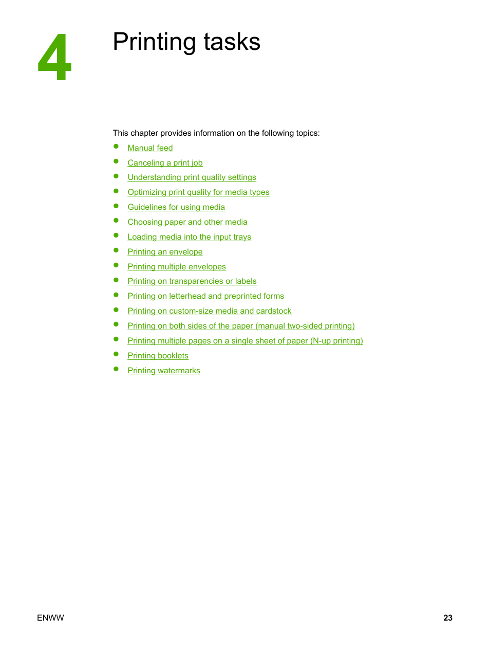 Printing tasks, 4 printing tasks | HP LaserJet 1022n Printer User Manual | Page 31 / 126