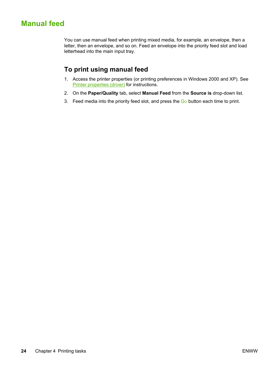 Manual feed, To print using manual feed | HP LaserJet 1022n Printer User Manual | Page 32 / 126