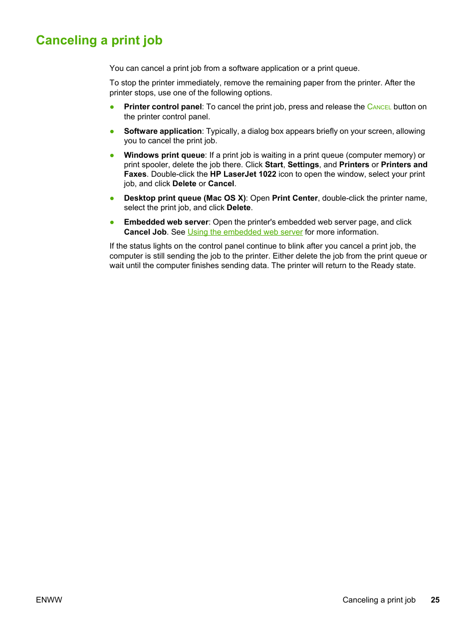 Canceling a print job | HP LaserJet 1022n Printer User Manual | Page 33 / 126