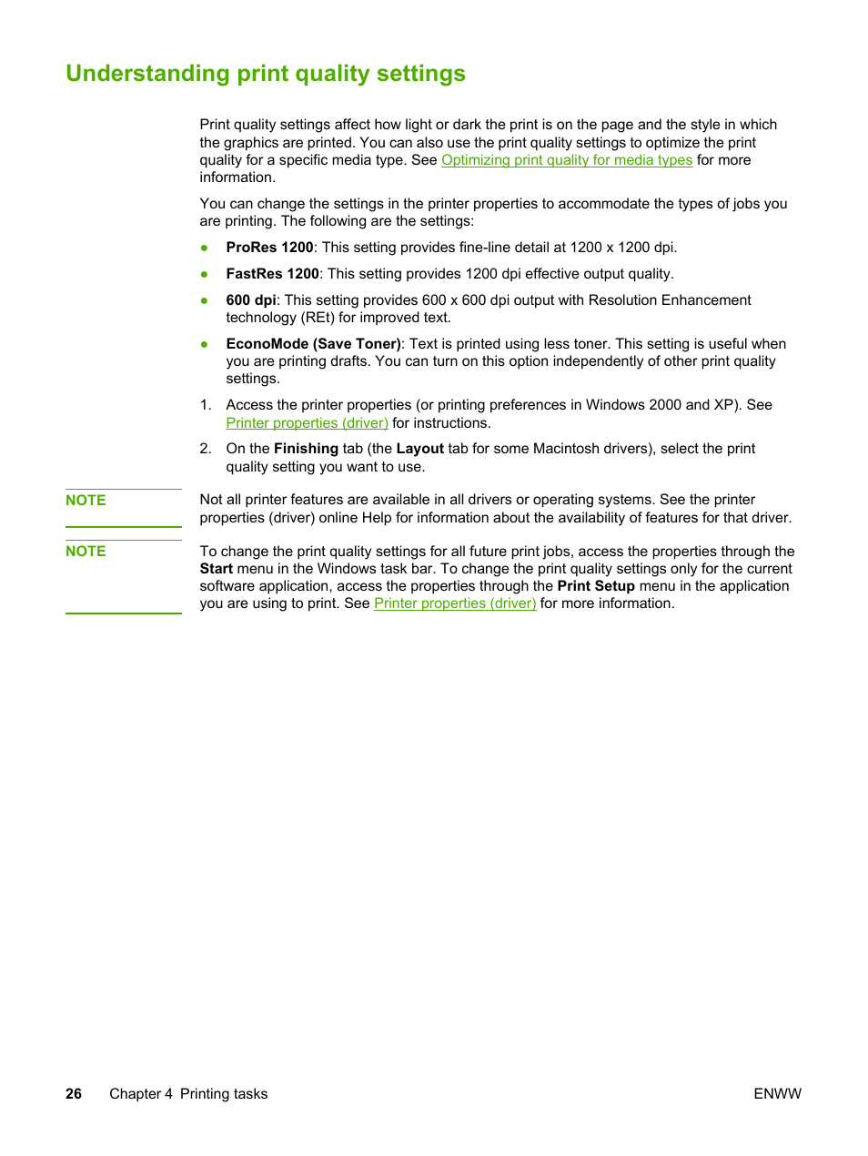 Understanding print quality settings | HP LaserJet 1022n Printer User Manual | Page 34 / 126