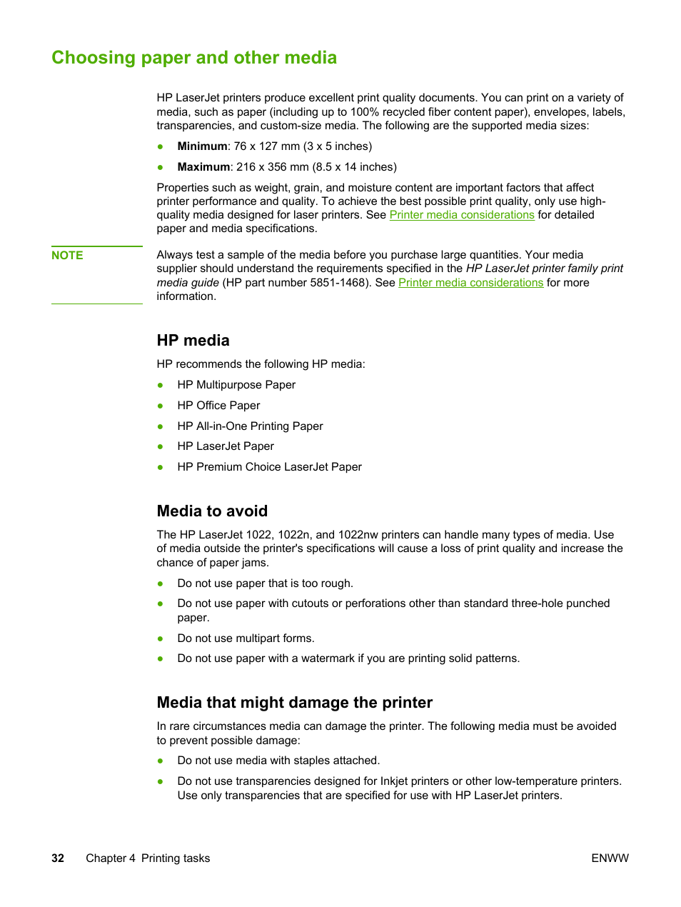 Choosing paper and other media, Hp media, Media to avoid | Media that might damage the printer | HP LaserJet 1022n Printer User Manual | Page 40 / 126