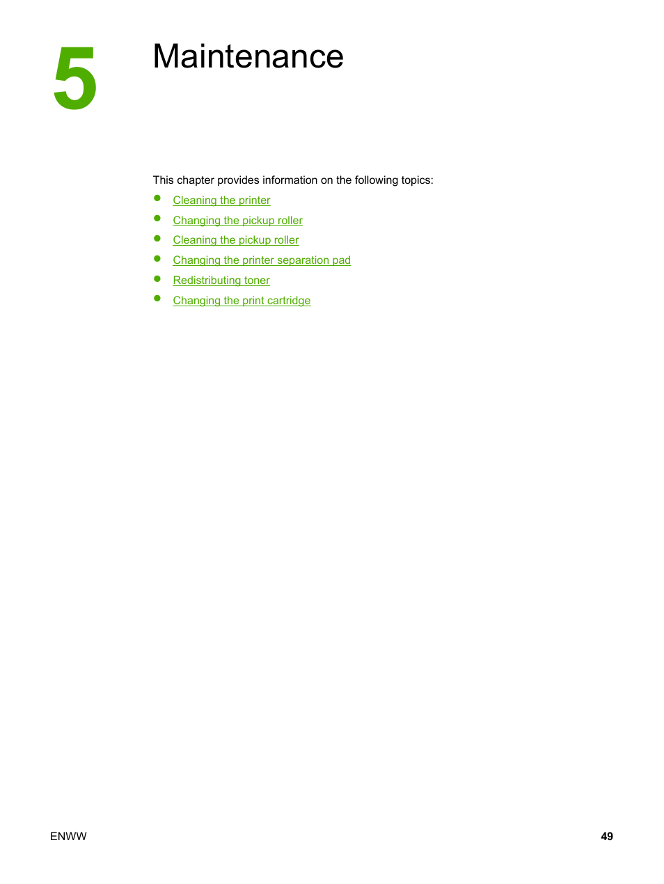 Maintenance, 5 maintenance | HP LaserJet 1022n Printer User Manual | Page 57 / 126