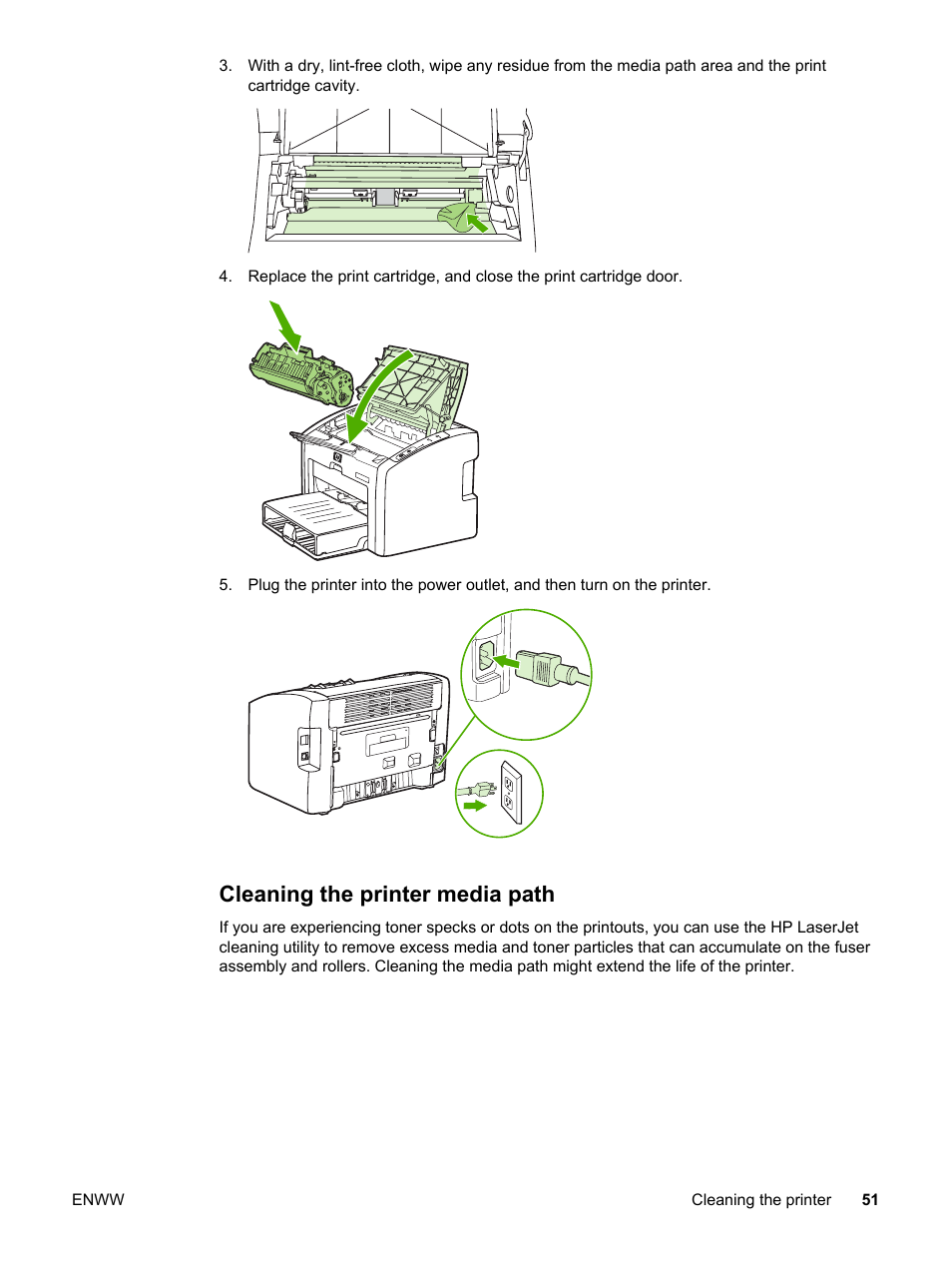 Cleaning the printer media path | HP LaserJet 1022n Printer User Manual | Page 59 / 126