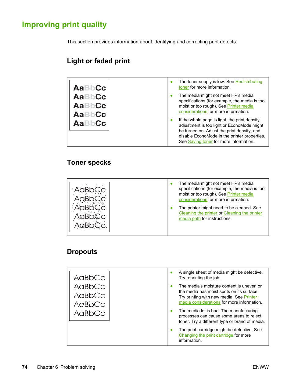 Improving print quality, Light or faded print, Toner specks | Dropouts, Light or faded print toner specks dropouts, Improving print, Quality | HP LaserJet 1022n Printer User Manual | Page 82 / 126