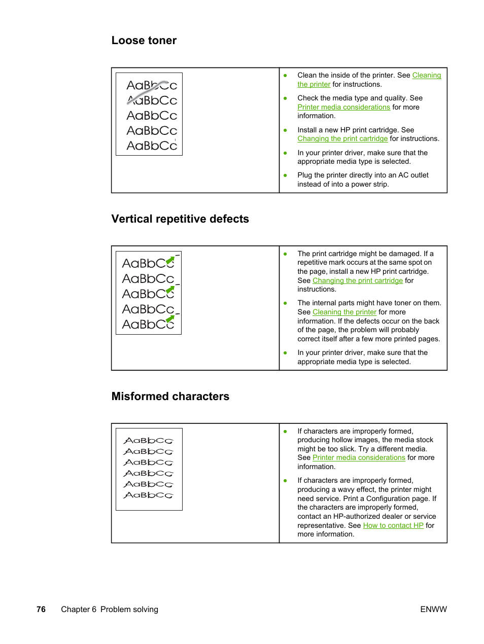 Loose toner, Vertical repetitive defects, Misformed characters | HP LaserJet 1022n Printer User Manual | Page 84 / 126