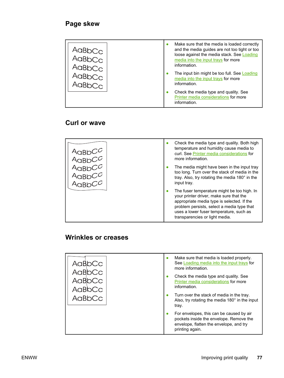 Curl or wave, Wrinkles or creases, For more | Page skew | HP LaserJet 1022n Printer User Manual | Page 85 / 126