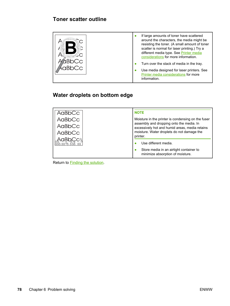 Toner scatter outline, Water droplets on bottom edge | HP LaserJet 1022n Printer User Manual | Page 86 / 126