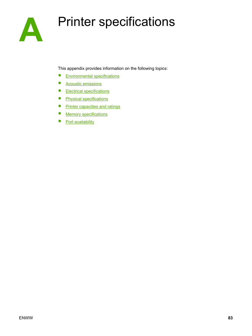 Printer specifications, Appendix a printer specifications | HP LaserJet 1022n Printer User Manual | Page 91 / 126