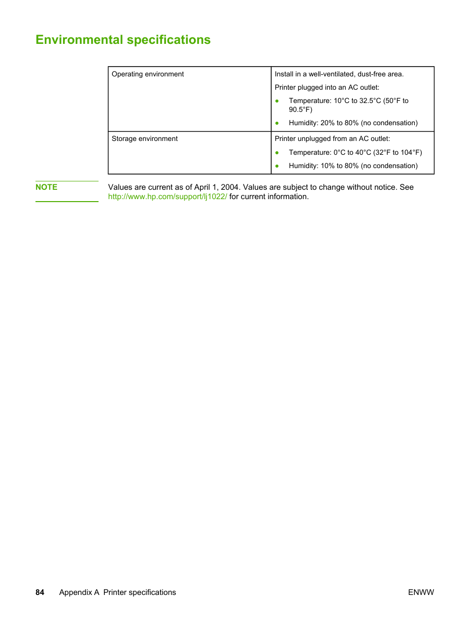 Environmental specifications | HP LaserJet 1022n Printer User Manual | Page 92 / 126