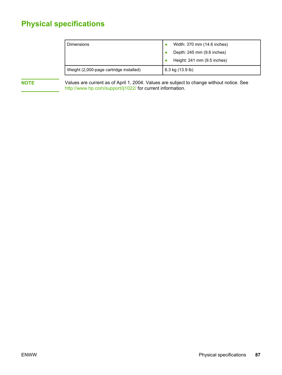 Physical specifications | HP LaserJet 1022n Printer User Manual | Page 95 / 126