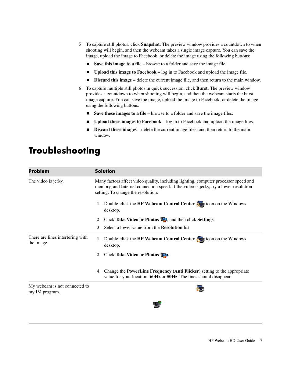 Troubleshooting | HP HD 2300 Webcam User Manual | Page 11 / 12