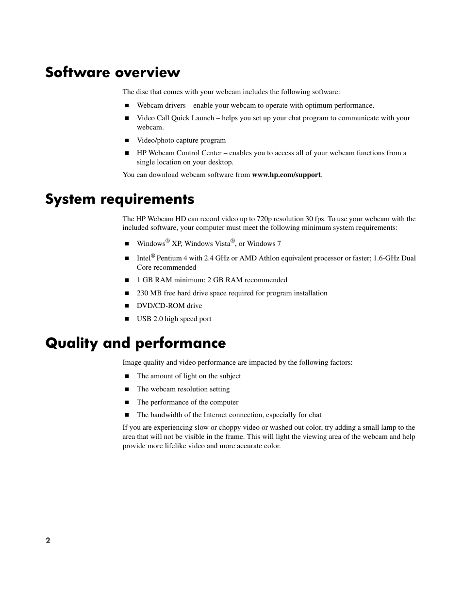 Software overview, System requirements, Quality and performance | HP HD 2300 Webcam User Manual | Page 6 / 12