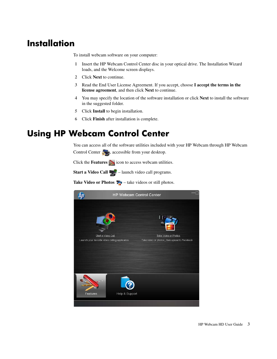 Installation, Using hp webcam control center | HP HD 2300 Webcam User Manual | Page 7 / 12