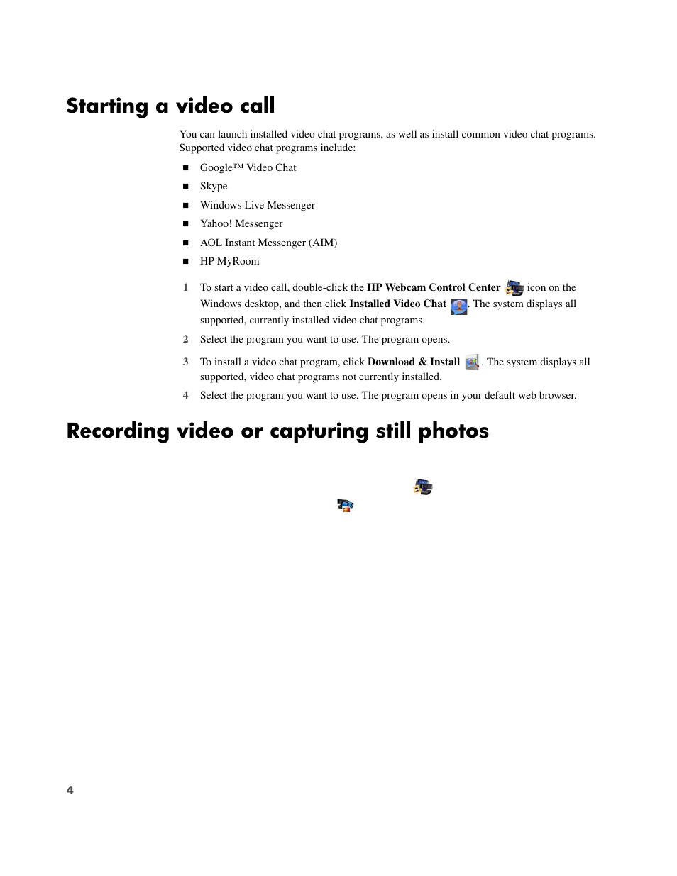 Starting a video call, Recording video or capturing still photos | HP HD 2300 Webcam User Manual | Page 8 / 12