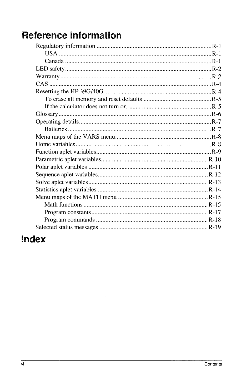 Reference information, Index | HP 39g Graphing Calculator User Manual | Page 10 / 292