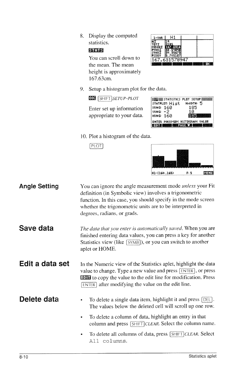 Save data, Edit a data set, Delete data | Angle setting | HP 39g Graphing Calculator User Manual | Page 104 / 292