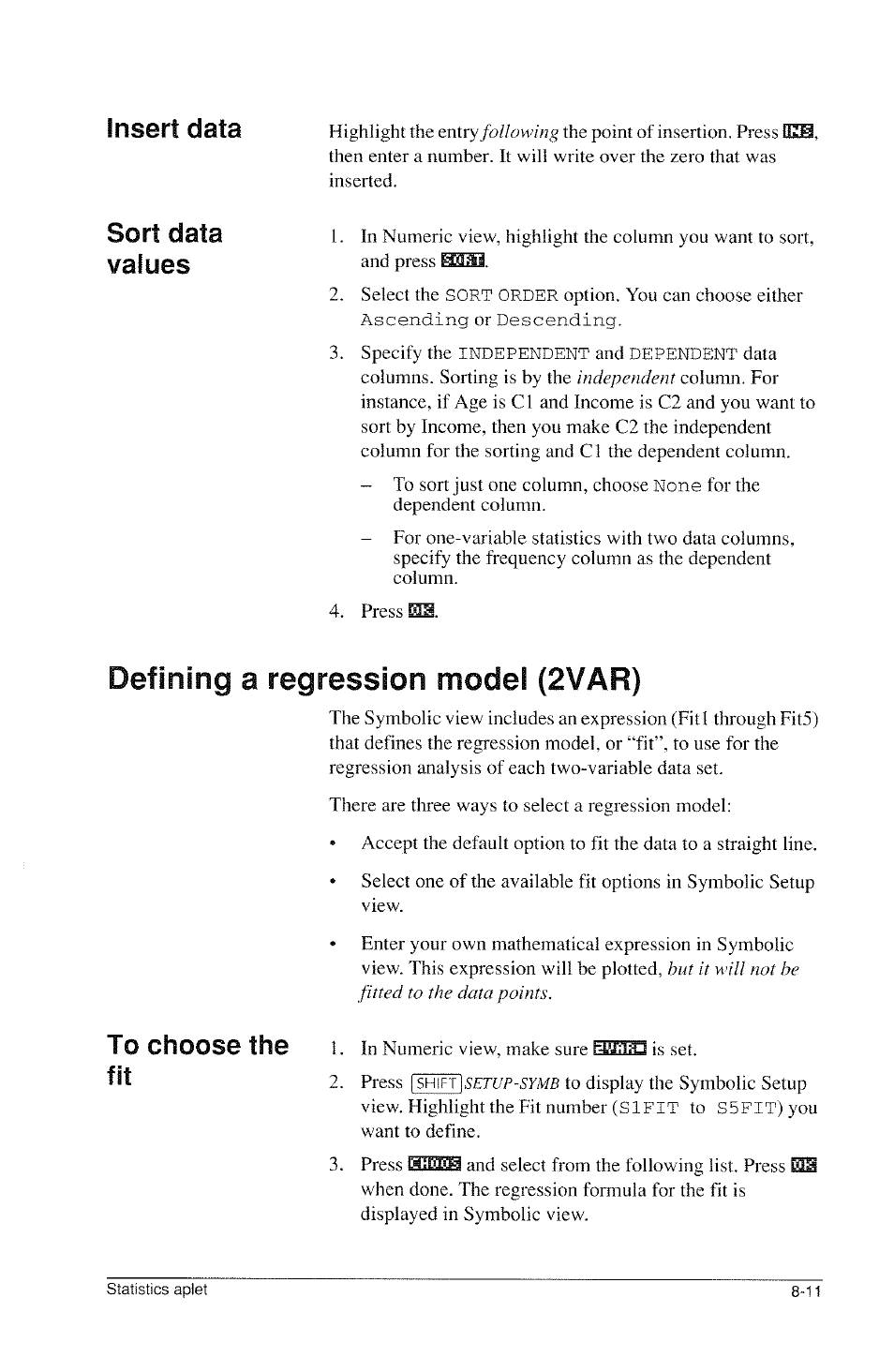 Defining a regression model (2var), Defining a regression model (2var) -11, Insert data | Sort data values | HP 39g Graphing Calculator User Manual | Page 105 / 292