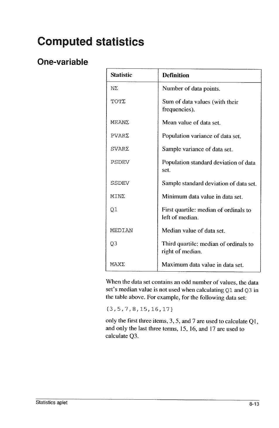 Computed statistics, Computed statistics -13, One-variable | HP 39g Graphing Calculator User Manual | Page 107 / 292