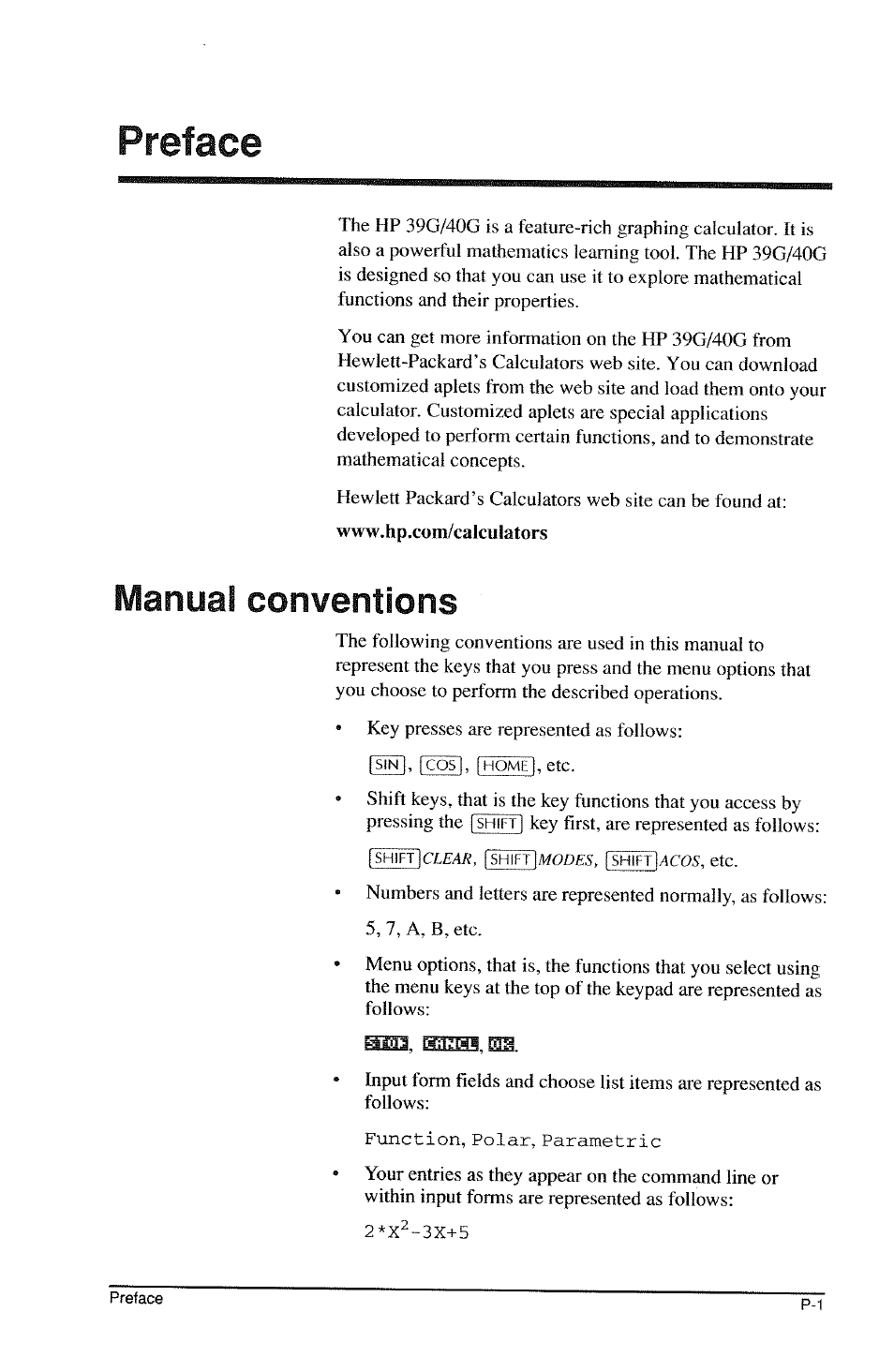 Preface, Manual conventions | HP 39g Graphing Calculator User Manual | Page 11 / 292