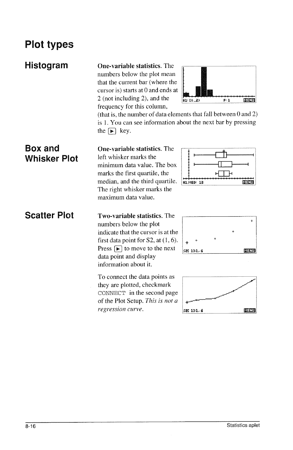 Plot types, Histogram box and whisker plot scatter plot | HP 39g Graphing Calculator User Manual | Page 110 / 292