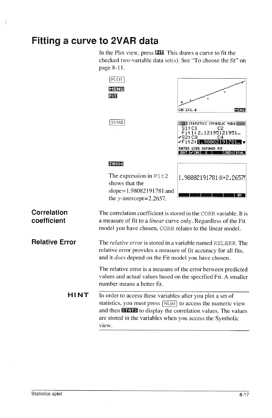 Fitting a curve to 2var data, Correlation coefficient relative error | HP 39g Graphing Calculator User Manual | Page 111 / 292