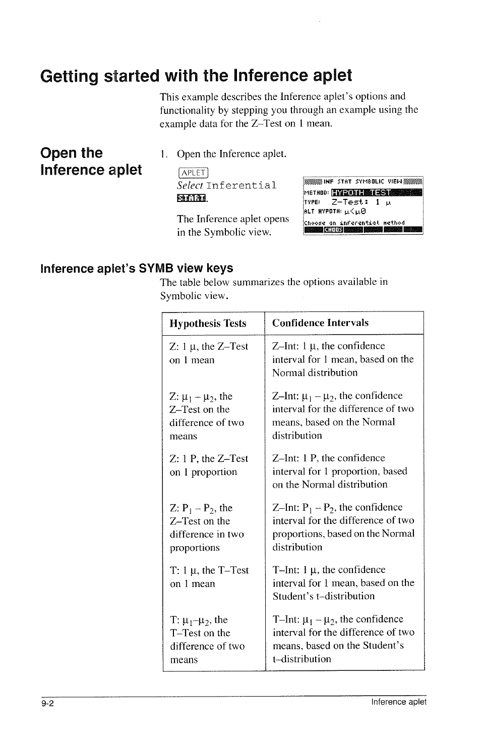 Getting started with the inference aplet, Inference aplet’s symb view keys, Getting started with the inference aplet -2 | Open the inference aplet | HP 39g Graphing Calculator User Manual | Page 118 / 292