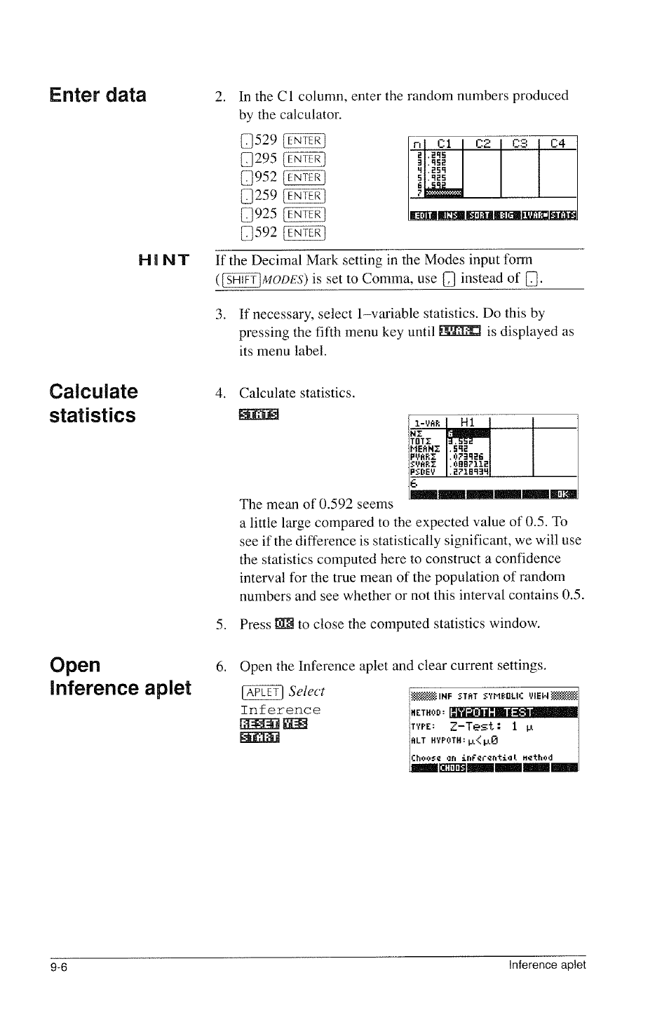 Enter data, Calculate statistics open inference aplet, H i n t | HP 39g Graphing Calculator User Manual | Page 122 / 292