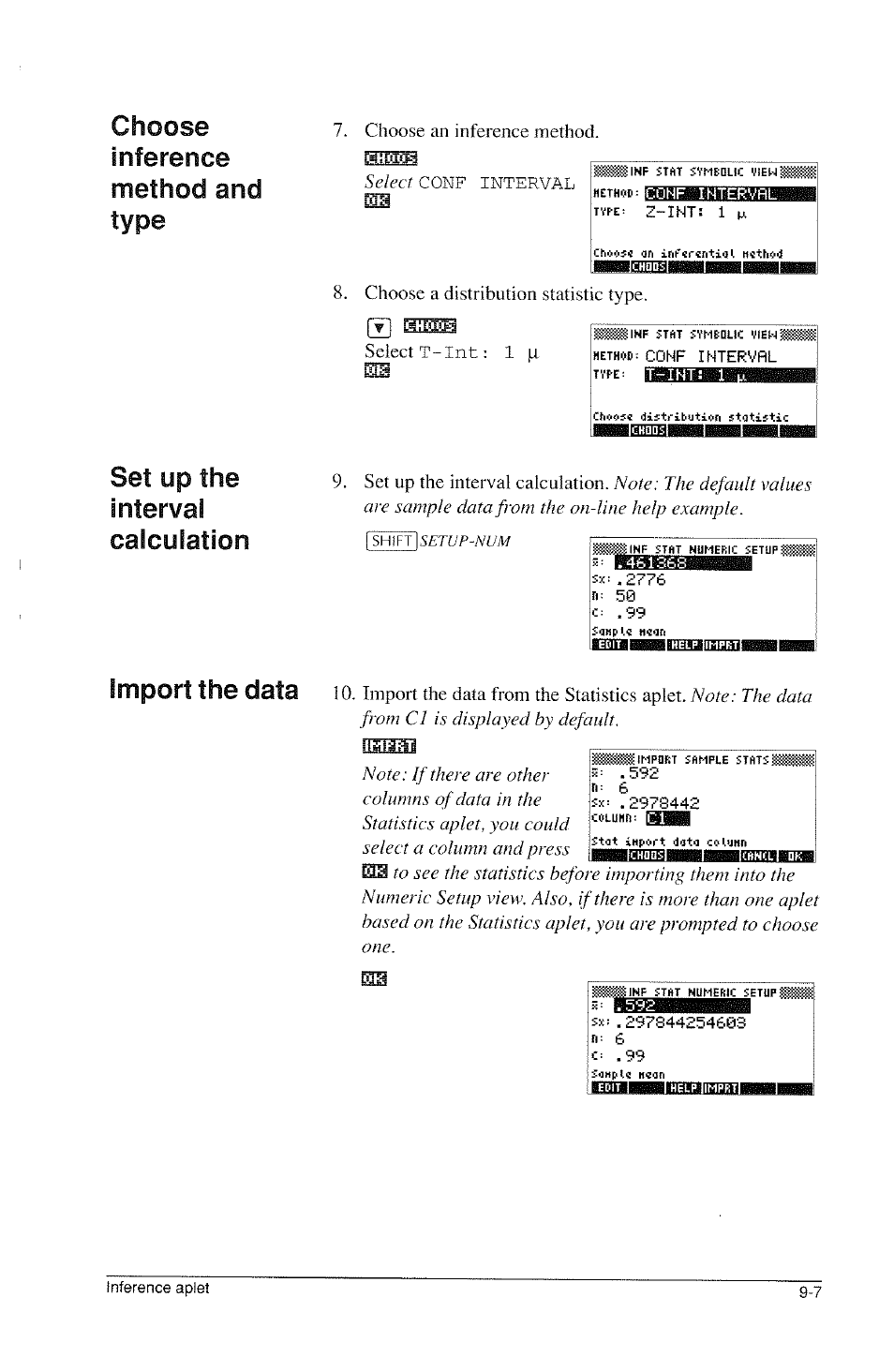 Iistam, Choose inference method and type, Set up the interval calculation | Import the data | HP 39g Graphing Calculator User Manual | Page 123 / 292